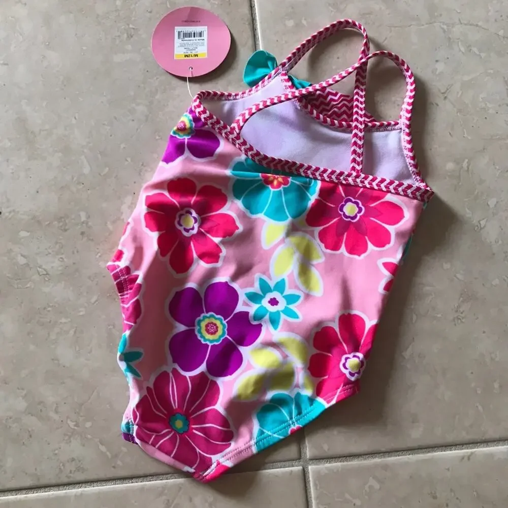 Circo Girls‎ Swimsuit Size 6-12 Mo Pink Floral Flowers UPF 50+ Bathing Suit NEW